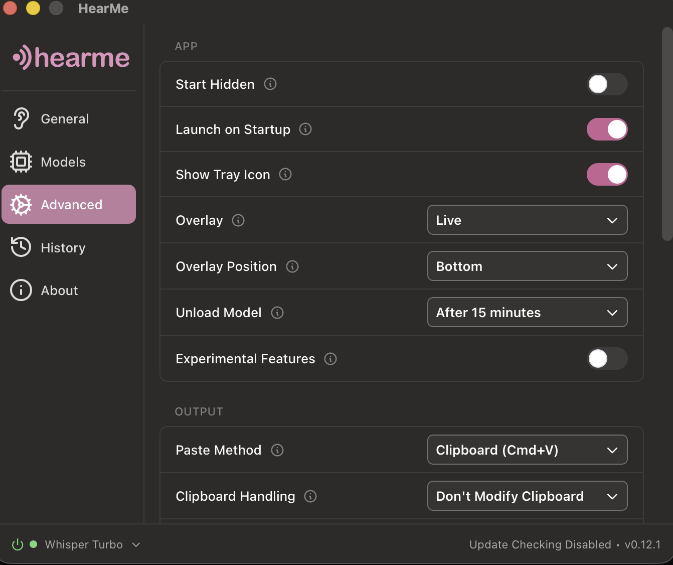 Advanced settings: overlay, model unloading, paste method and clipboard handling