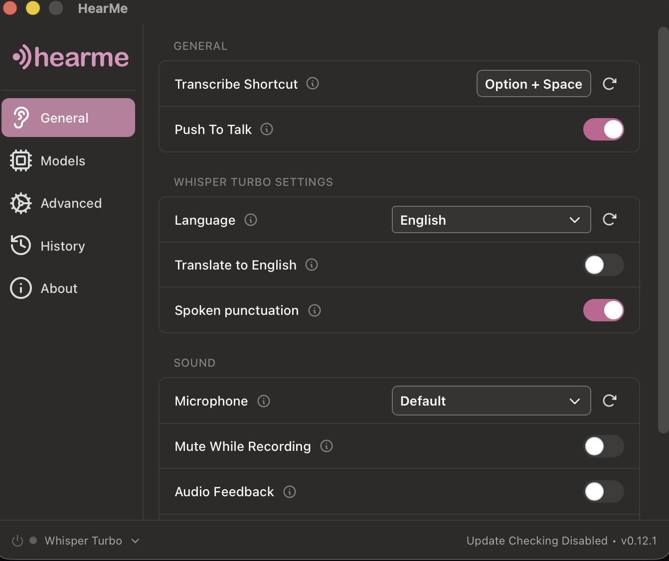 General settings: transcribe shortcut, push to talk, spoken punctuation, language and microphone