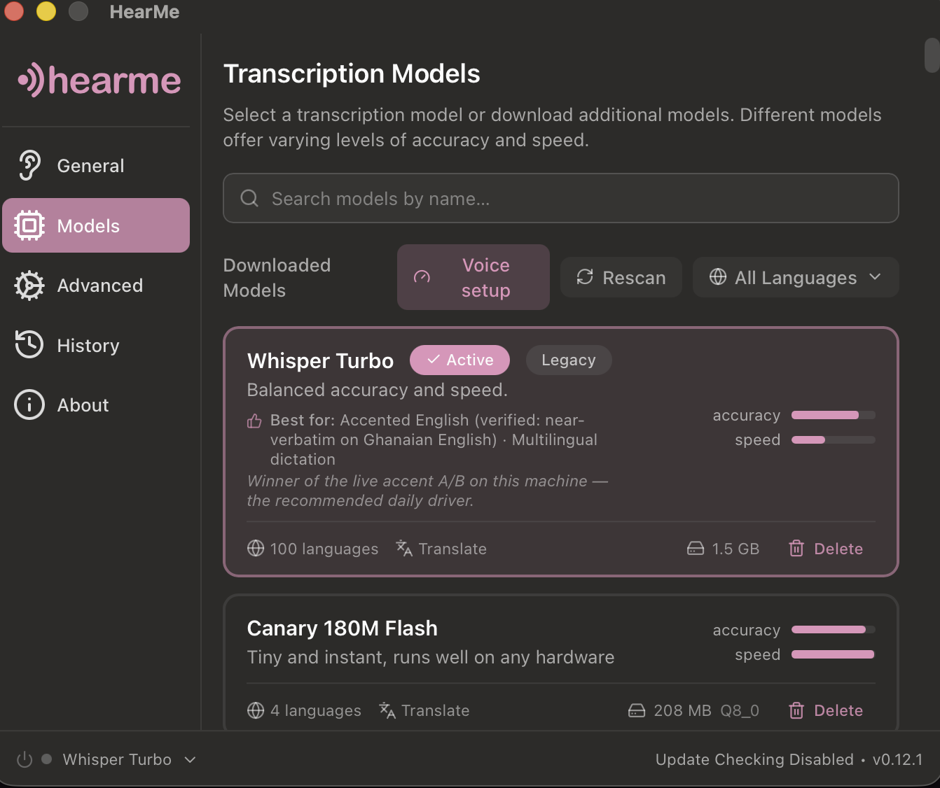 HearMe Models page: Whisper Turbo active, marked best for accented English — winner of the live accent A/B on this machine