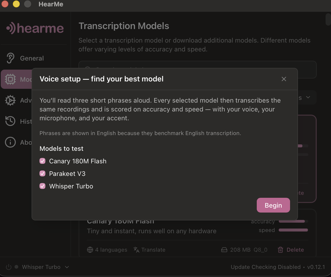 Voice setup wizard: read three phrases aloud and every selected model is scored on your voice, your microphone, and your accent